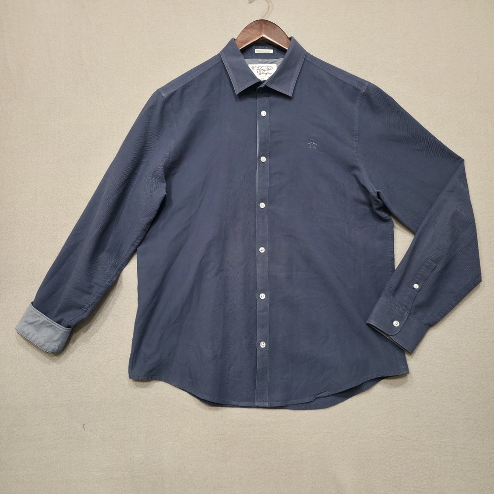 Penguin‎ Men's Heritage Slim Fit Blue Long Sleeve Flip Cuff Shirt Size Large